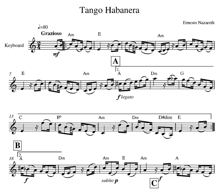 دانلود نت کیبورد (ارگ) Tango Habanera از آهنگساز  Ernesto Nazareth